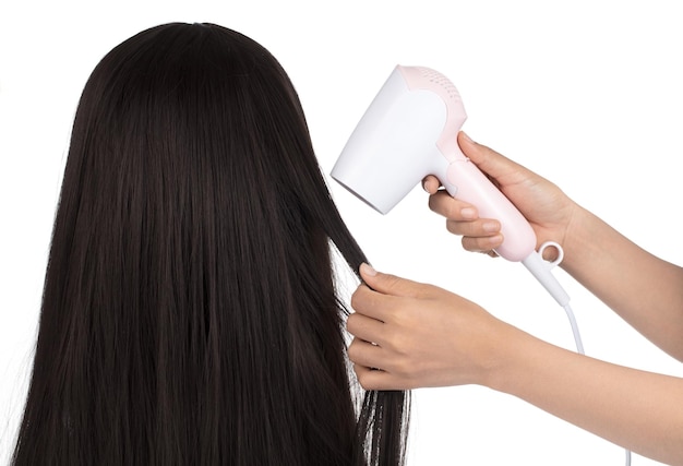 Cliente de garota em um salão de beleza secando seu longo cabelo preto por um cabeleireiro usando um secador de cabelo.