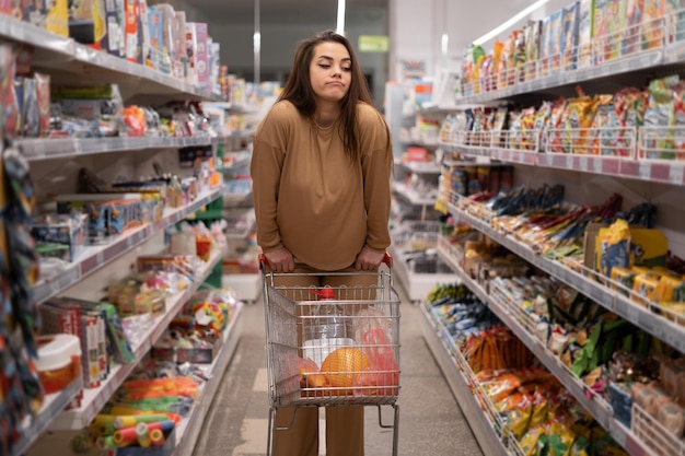 Cliente do sexo feminino caucasiana posando com carrinho de compras comprando comida no supermercado franzindo os lábios morena escolhendo produtos na loja