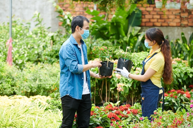 Cliente e assistente de vendas do centro de jardinagem discutindo flores desabrochando perfeitas para o quintal