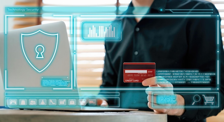 Foto cliente elegante con holograma usando tarjeta de crédito para autenticación cybercash