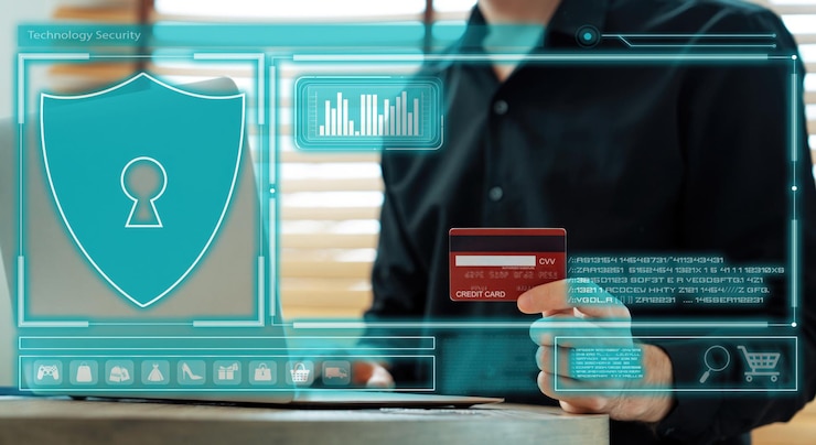 Foto cliente elegante con holograma usando tarjeta de crédito para la autenticación cybercash