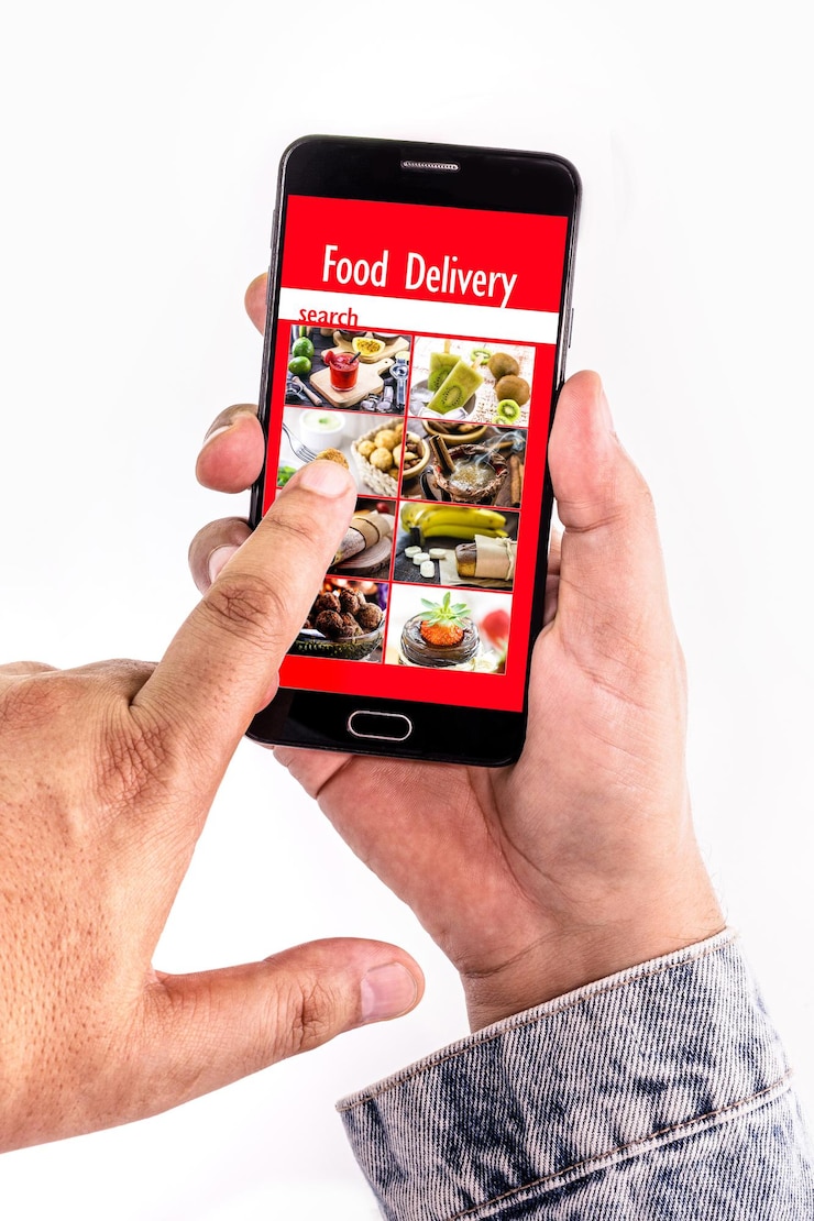 Foto cliente escolhendo comida no aplicativo de smartphone de entrega de comida compras on-line entrega rápida