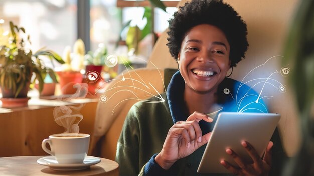 Un cliente feliz y alegre se conecta a Internet en una tableta