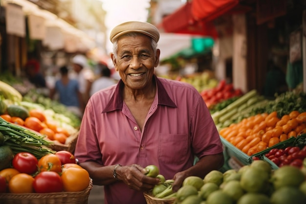 Cliente feliz ao ar livre Comprando vegetais naturais frescos no Espaço de Marketing de Rua para texto