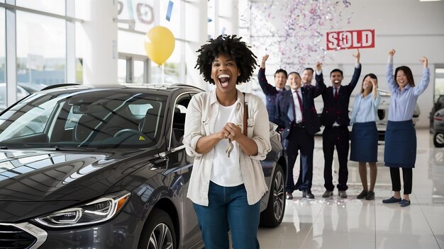 Un cliente feliz comprando un coche nuevo en un concesionario de automóviles local