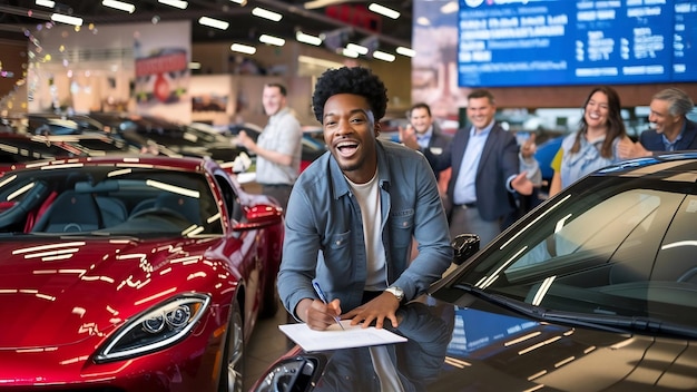Un cliente feliz comprando un coche nuevo en el concesionario