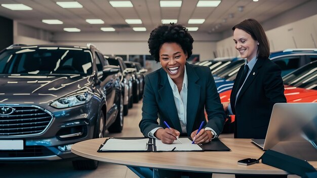 Un cliente feliz comprando un coche nuevo en el concesionario