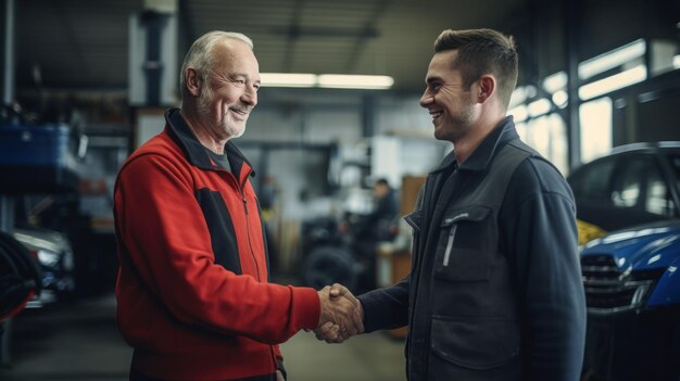 Un cliente feliz estrechando la mano con un mecánico de automóviles en un taller