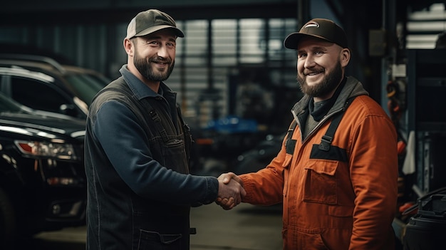 Un cliente feliz estrechando la mano con un mecánico de automóviles en un taller