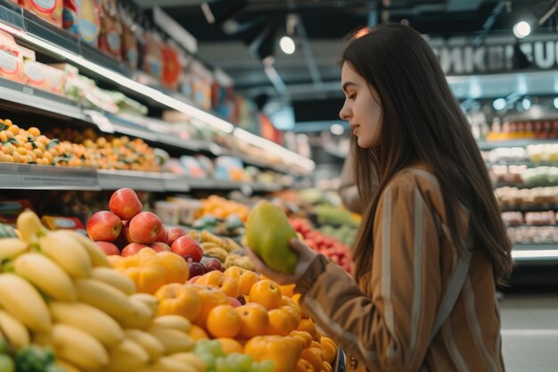 Cliente femenina comprando frutas de alimentos orgánicos en el mercado ecológico fresco