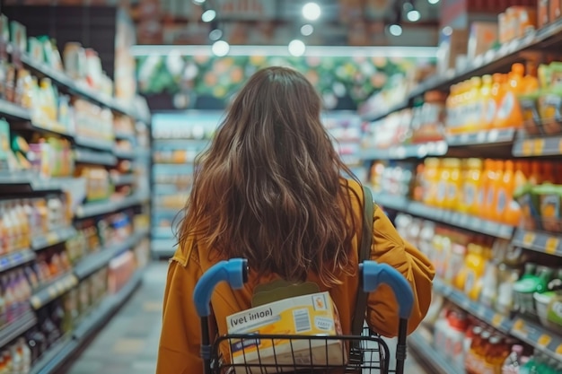 Cliente feminina fazendo compras no supermercado com carrinho