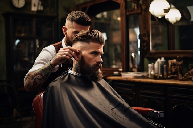 cliente haciendo un corte de pelo en un salón de barbería