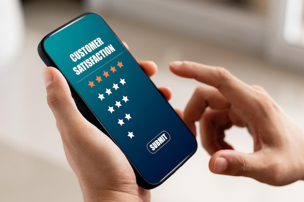 cliente masculino dá uma classificação de cinco estrelas em sua satisfação com o smartphone experiência de serviço ao cliente Avaliações de classificação de serviço e conceito de pesquisa de satisfação