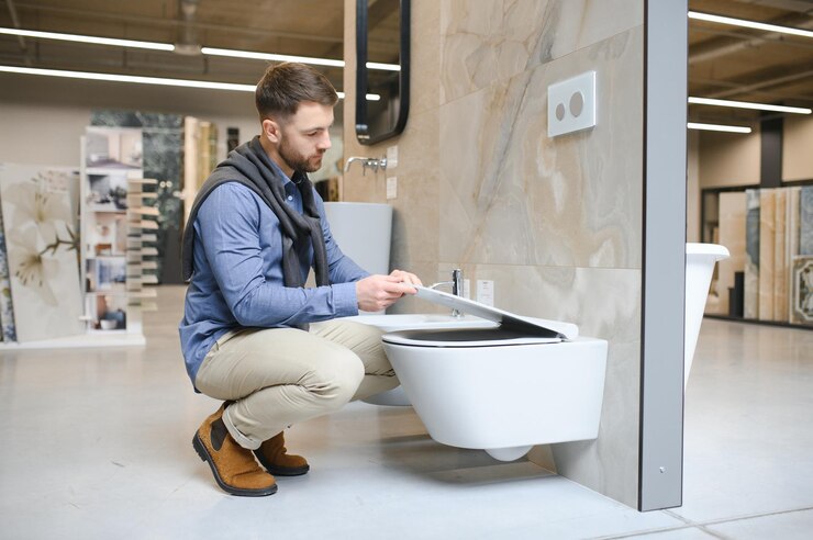 Foto cliente masculino mirando baños a la venta en una tienda moderna o un centro comercial