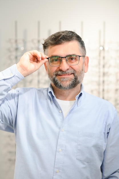 Cliente masculino sênior para escolher um óculos