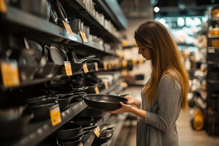 Cliente mirando una gama de sartenes antiadherentes en una tienda de artículos esenciales de cocina ar 32 v 61 ID de trabajo ed