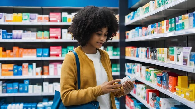 Foto cliente mujer eligiendo productos médicos en una farmacia