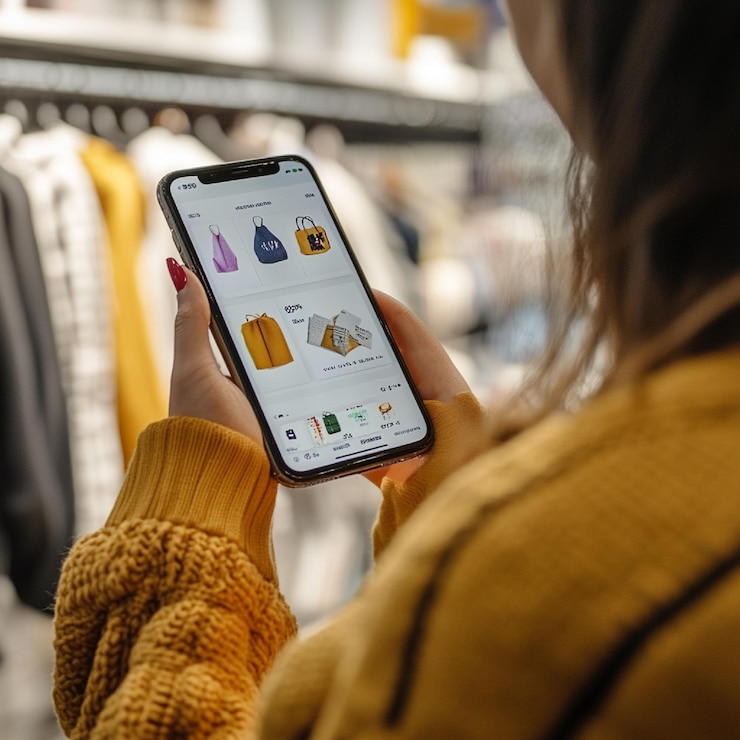 Foto un cliente navegando por una aplicación móvil con una sección dedicada a los descuentos por primera vez para comprar frida