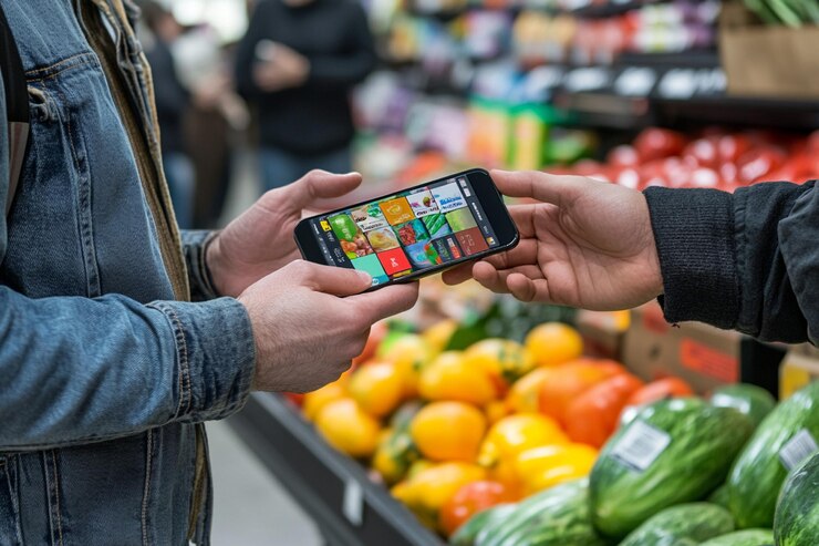 Foto cliente pagando por comestibles con una aplicación de pago móvil