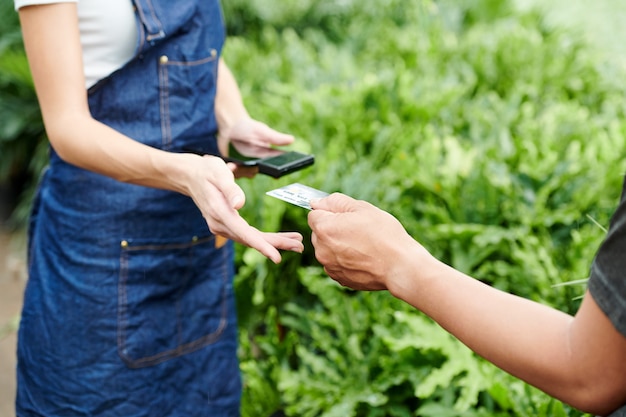 Cliente pagando por plantas en invernadero