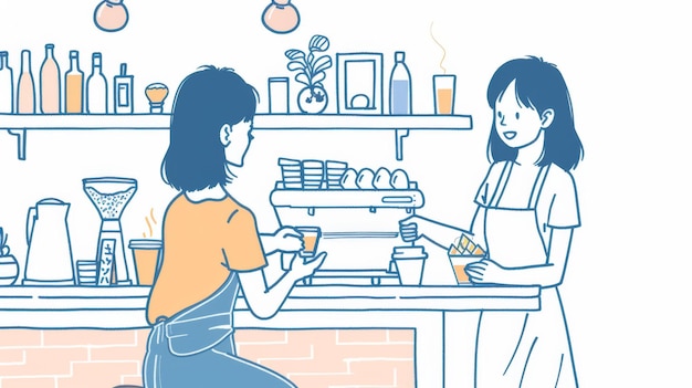 Un cliente se sienta en un café y un barista le trae un café Una ilustración en estilo dibujado a mano de un fondo de una cafetería