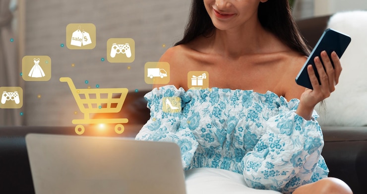Foto el cliente usa un dispositivo de control de vestido azul, abre una aplicación de comercio electrónico, cybercash.