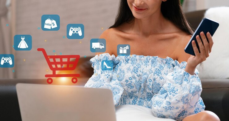 Foto el cliente usa un dispositivo de control de vestido azul, abre la aplicación de comercio electrónico cybercash.