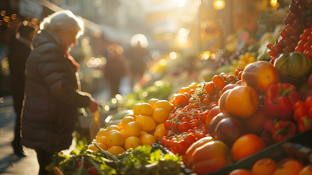 Clientes a comprar produtos coloridos de origem local num mercado bem iluminado