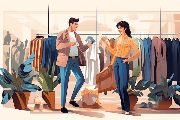 Clientes comprando en una tienda de ropa moderna Un asociado de ventas minoristas ayuda al cliente Personas diversas en una tienda de moda Eligiendo ropa elegante Diseños de marcas coloridos Materiales sostenibles de calidad