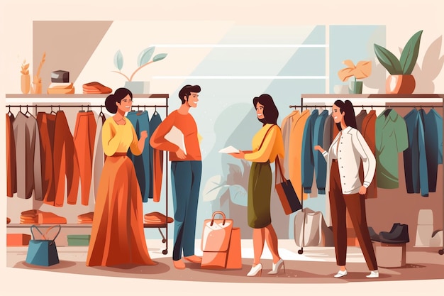 Clientes comprando en una tienda de ropa moderna Un asociado de ventas minoristas ayuda al cliente Personas diversas en una tienda de moda Eligiendo ropa elegante Diseños de marcas coloridos Materiales sostenibles de calidad