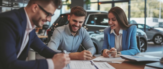 Clientes em uma concessionária de carros assinando acordos alegres com um senso de realização e satisfação