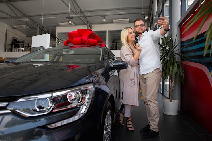 Foto clientes felices en concesionario de automóviles