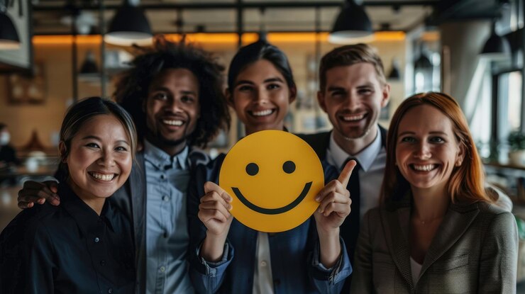 Clientes felices Gente de negocios señalando el icono virtual de la cara sonriente amarilla para un servicio excepcional