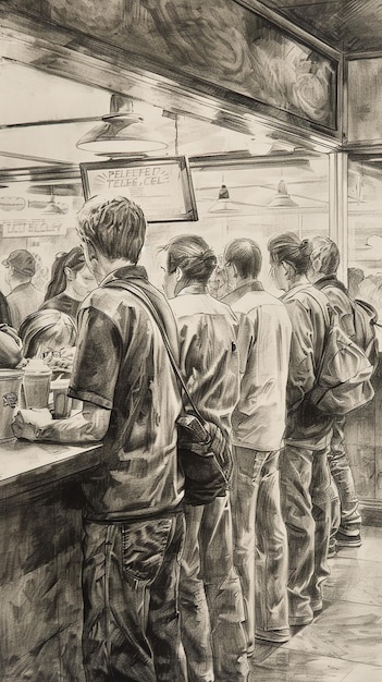 Foto clientes frenéticos de fast-food fazem fila para delicias deliciosas