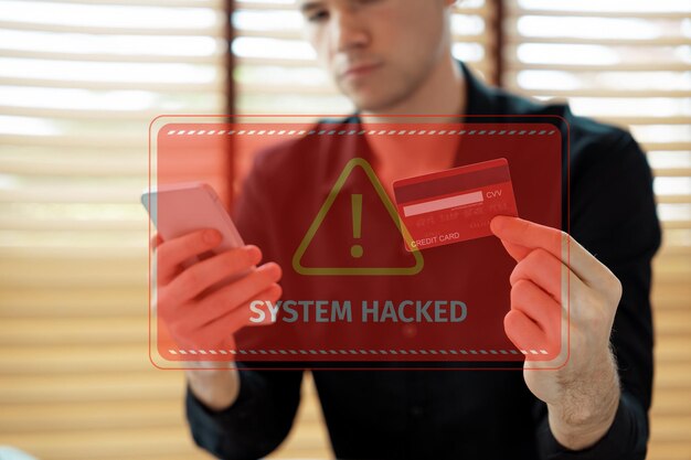 Clientes inteligentes tarjeta de crédito hackeada consumidor tratando de solucionar el problema dinero cibernético