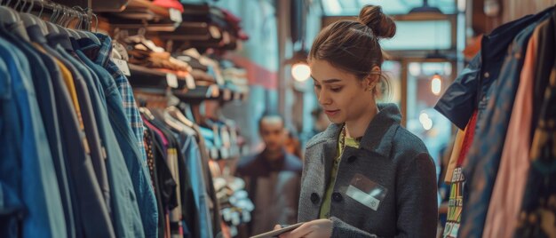 Clientes que compram em lojas de roupas O vendedor ajuda com conselhos Clientes diversos que escolhem roupas elegantes Marca colorida com desenhos sustentáveis