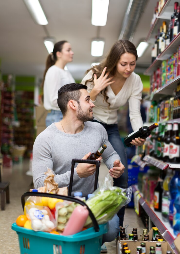 Foto clientes que hacen compras en licorería