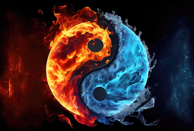 Clima de fogo e gelo no Yin e Yang em fundo escuro Conceito de símbolo abstrato e contraste IA generativa