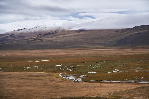 Foto clima frío y nublado en la zona de la estepa. la meseta de ukok de altai. paisajes fríos fabulosos. cualquiera alrededor