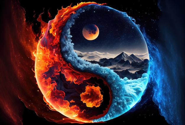 Clima de fuego y hielo en el Yin y el Yang sobre fondo oscuro Concepto de símbolo abstracto y contraste IA generativa