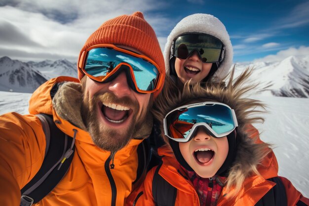 En el clima nevado de invierno temporada de esquí snowboarders felices para selfies invierno