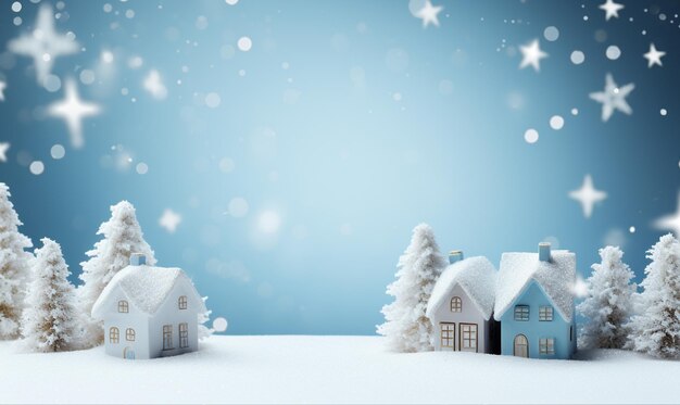 Clima nevado con un pequeño pueblo en el bosque invierno y Feliz Navidad de fondo