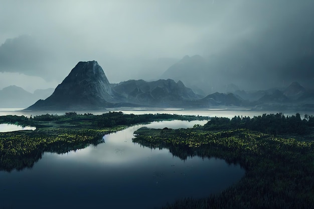 Clima nublado en un valle de montaña con un lago, plantas verdes y nubes pesadas en el cielo gris ilustración 3d