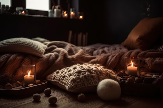 Clima romântico à luz de velas para relaxamento no quarto generativo ai