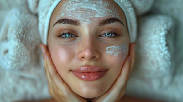 En una clínica de belleza una chica hermosa tiene un masaje facial