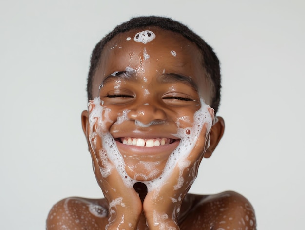 Clínica de belleza cuidado de la piel bonito niño africano posando lavado de cara