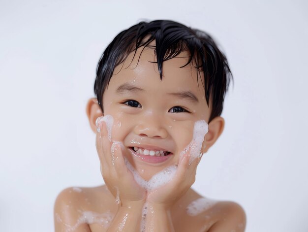 Clínica de belleza cuidado de la piel bonito niño asiático posando lavado de cara