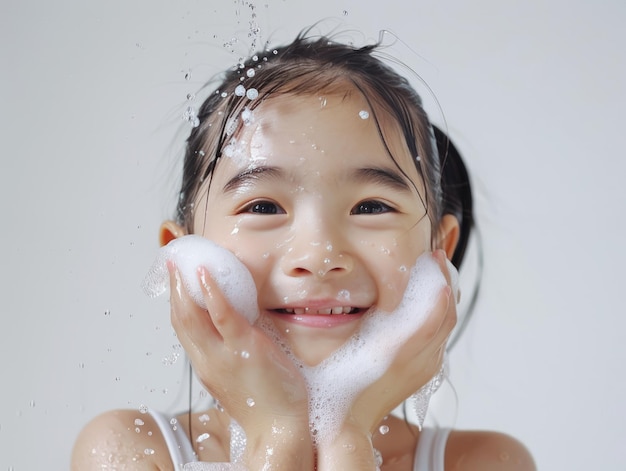 Clínica de belleza cuidado de la piel chica asiática linda posando lavado de cara