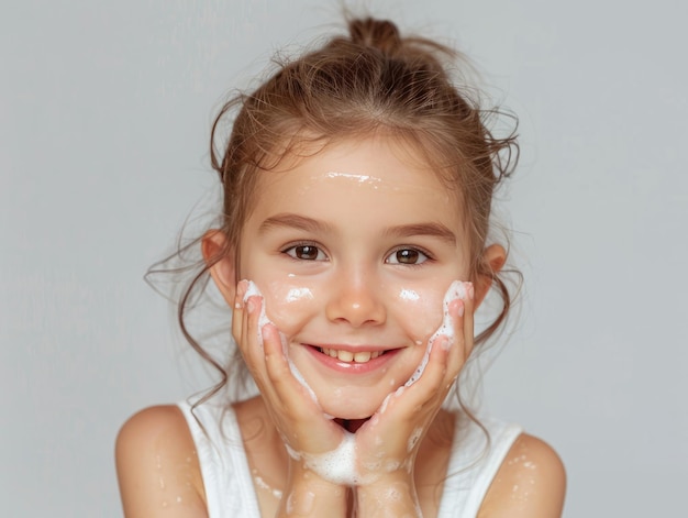 Clínica de belleza cuidado de la piel chica blanca linda posando lavado de cara