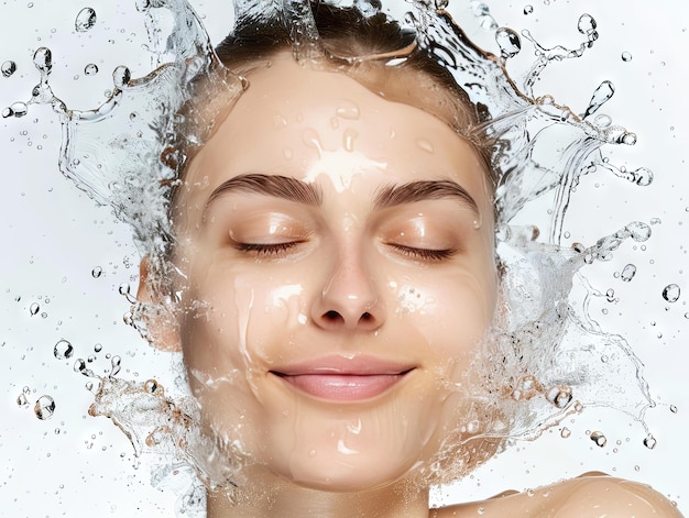 Clínica de belleza mujer cara salpicado con agua